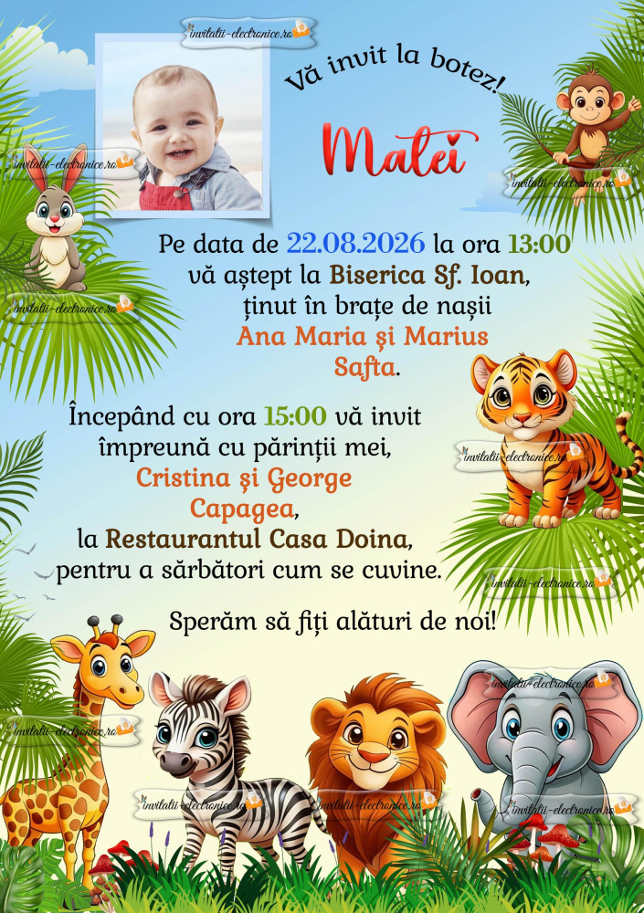 Invitatii de botez cu animale vesele