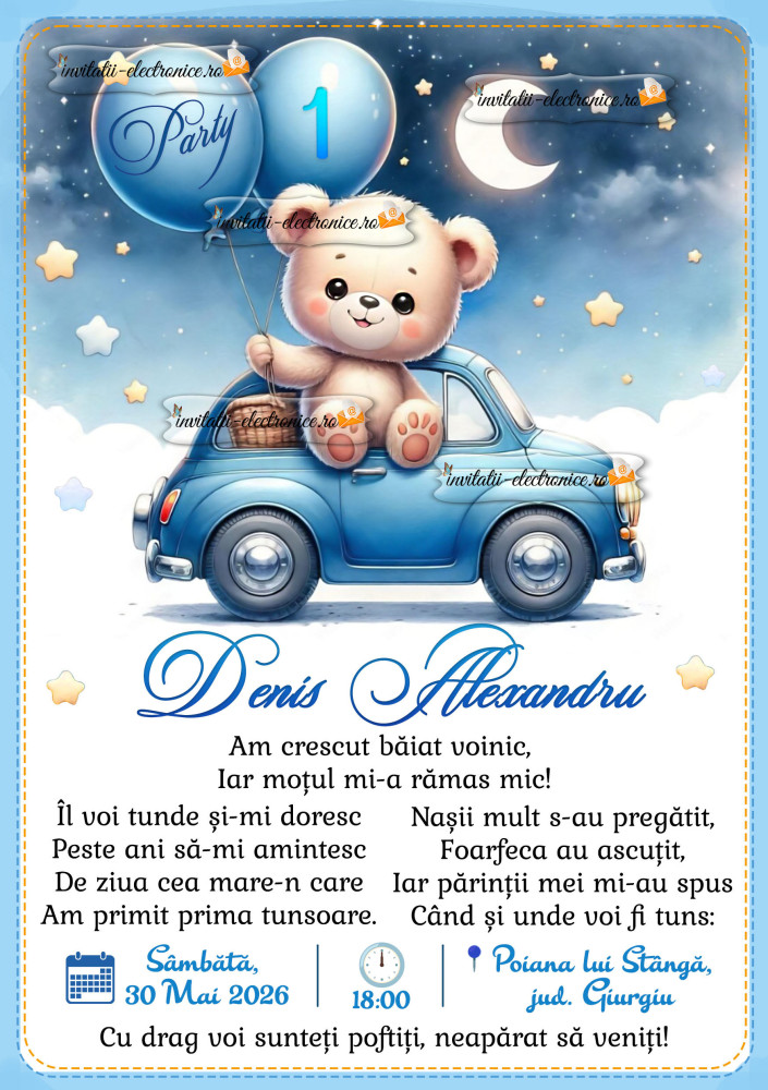 Invitatie la petrecere cu ursulet si baloane