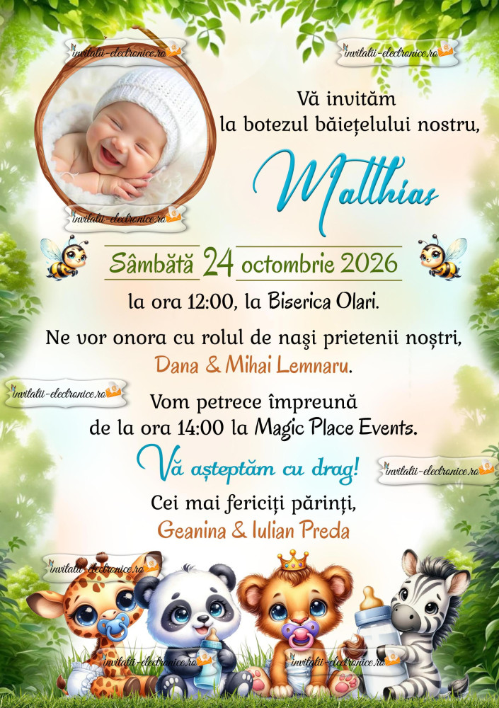 Invitatie de botez cu animale din jungla