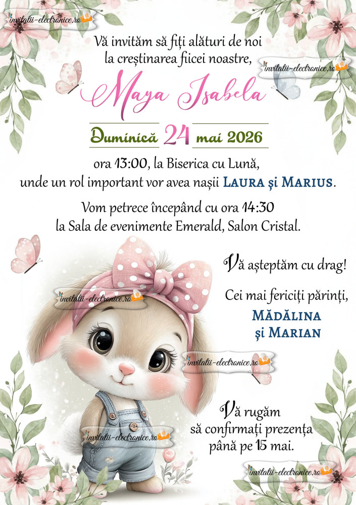 Invitatie cu iepuras si fluturasi