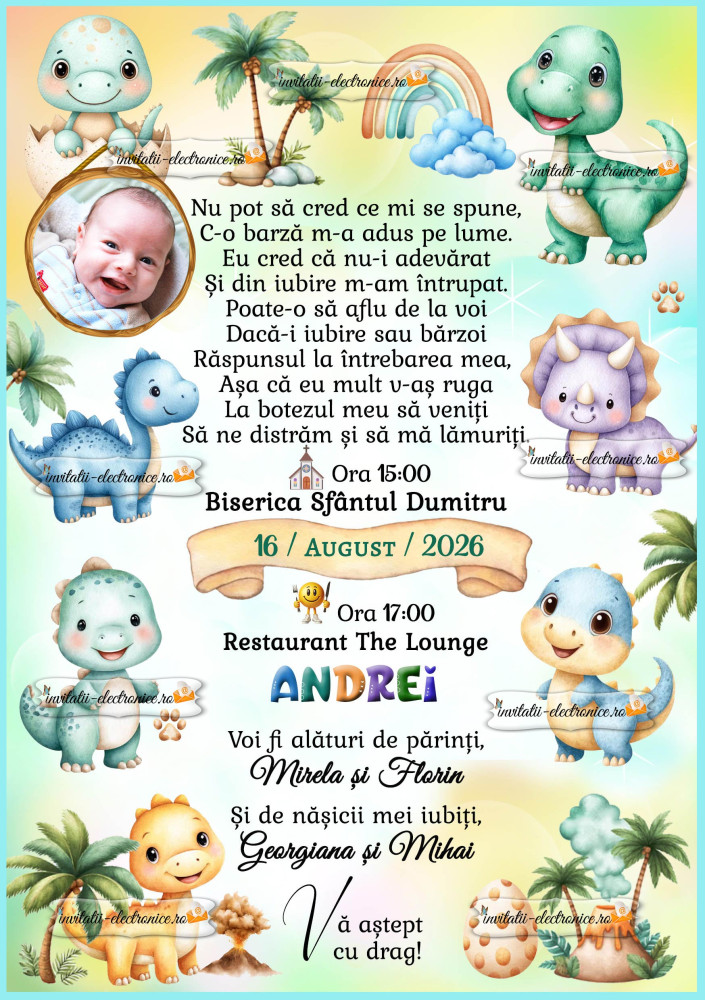 Invitatie la botez cu dinozaur