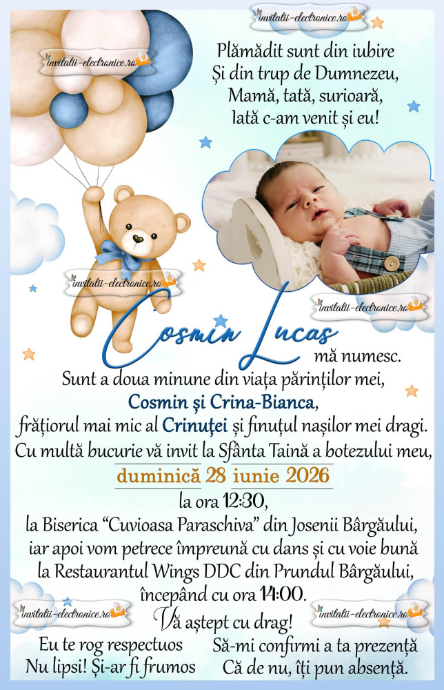 Invitatie cu ursulet si baloane