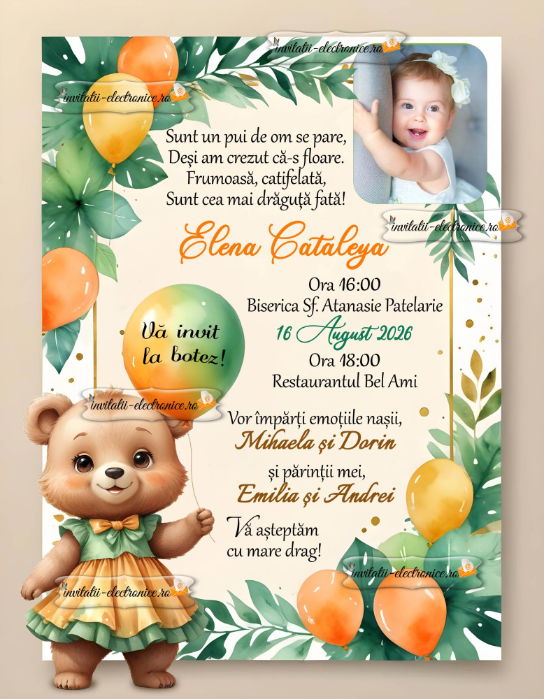 Invitatie electronica de botez cu ursulet si baloane