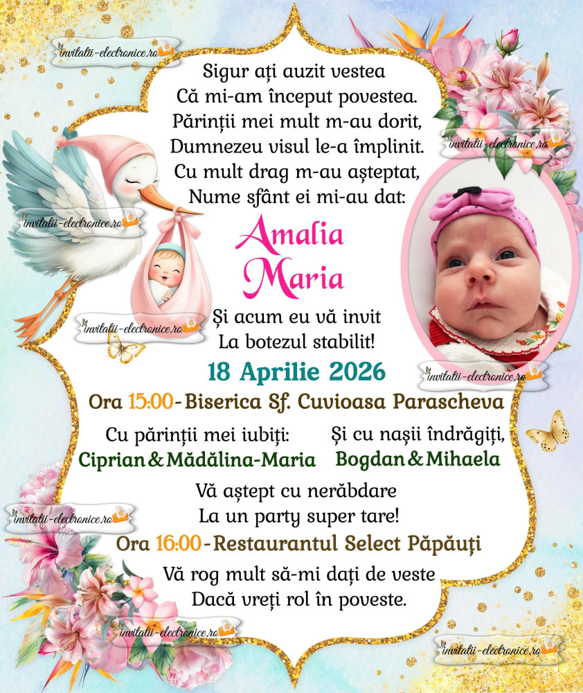 Invitatie de botez cu flori si auriu
