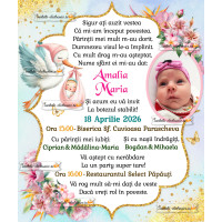 Invitatie de botez cu flori si auriu