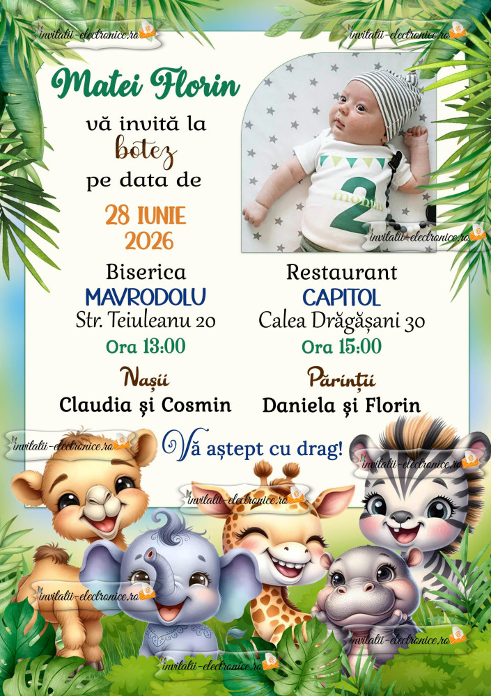 Invitatie la botez cu animale din jungla