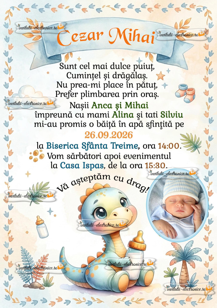 Invitatie la botez cu dinozaur