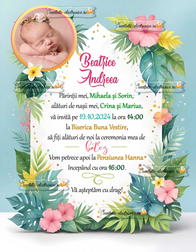 Invitatie de botez cu flori si frunze