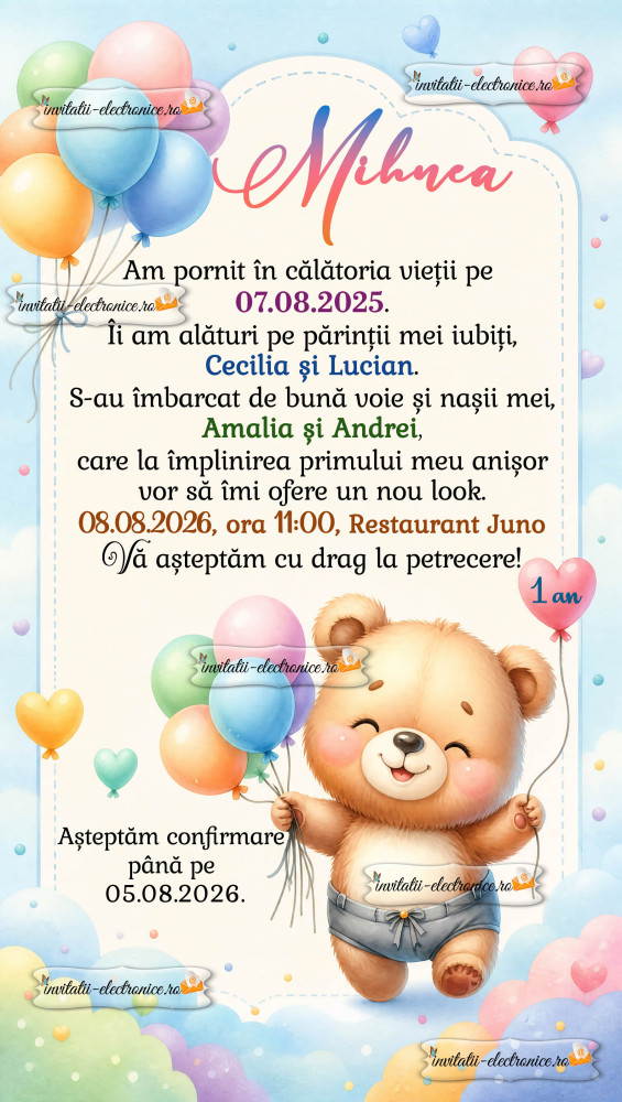 Invitatie la petrecere copii cu ursulet 