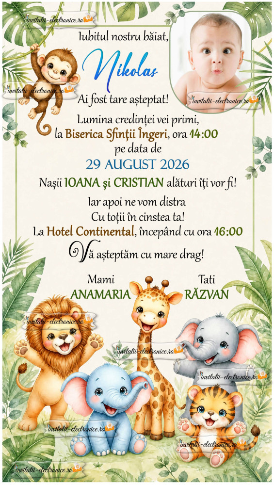 Invitatie de botez cu animale din jungla