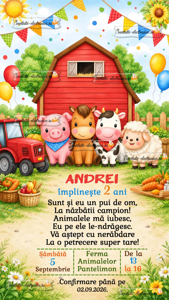 Invitatie digitala cu animale din ferma