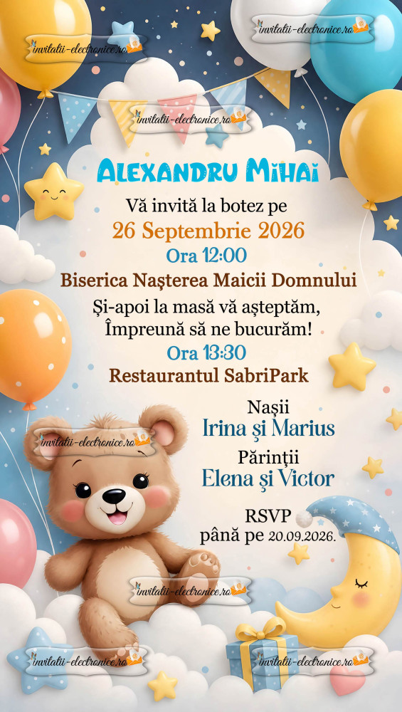 Invitatie de botez cu ursulet si baloane