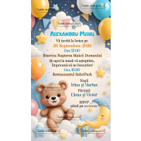 Invitatie de botez cu ursulet si baloane