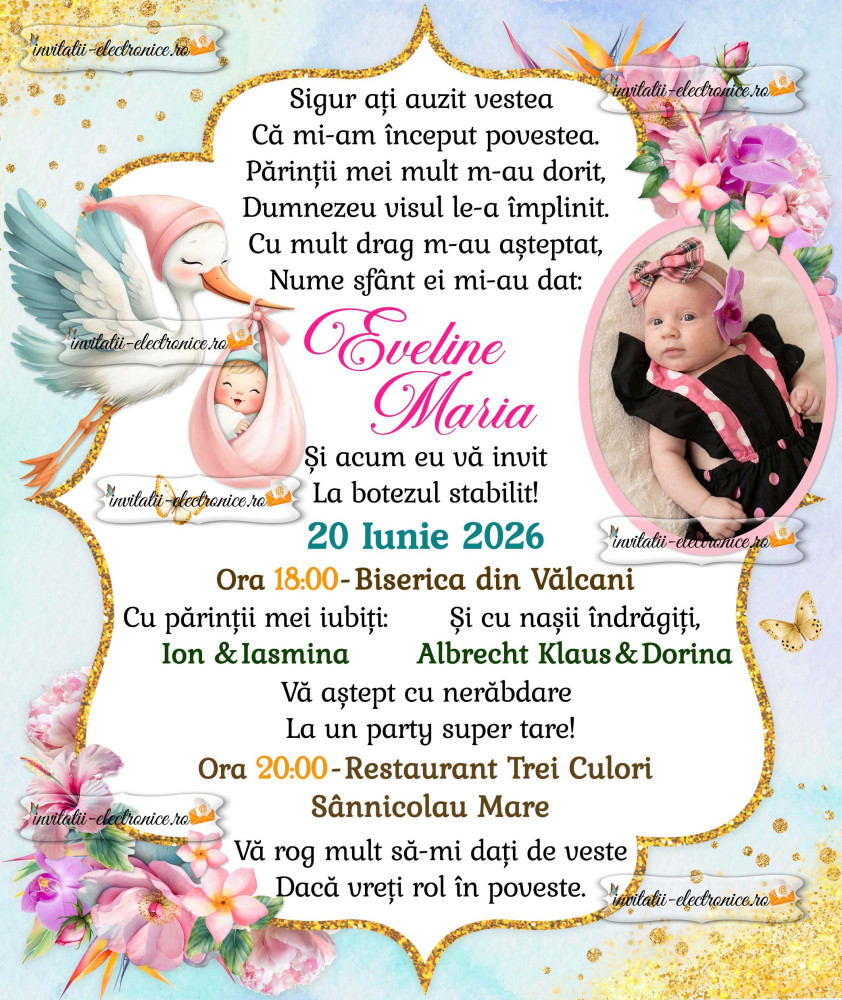 Invitatie de botez cu flori si auriu