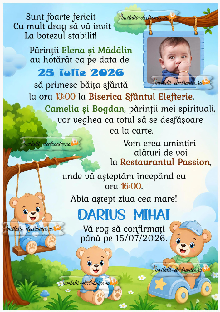 Invitatie digitala la botez cu ursuleti