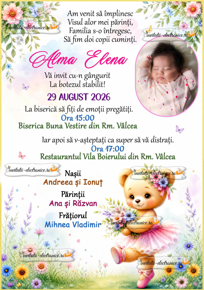 Invitatie la botez cu ursulet balerina