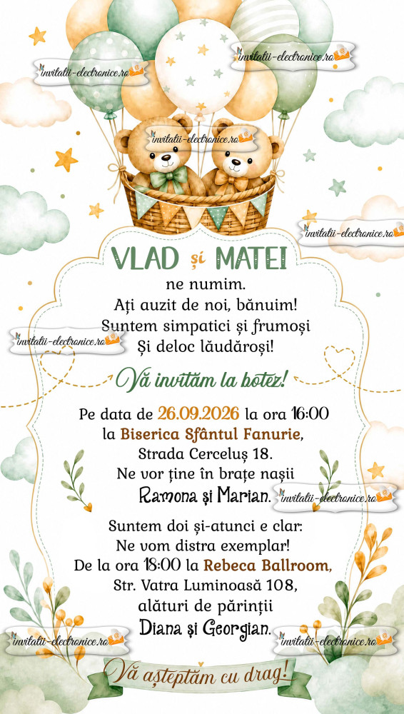 Invitatie electronica de botez pentru baieti gemeni