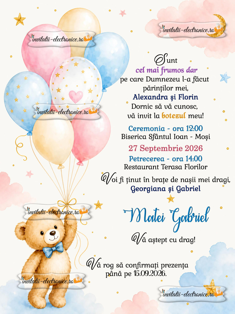 Invitatie la botez de baietel cu ursulet