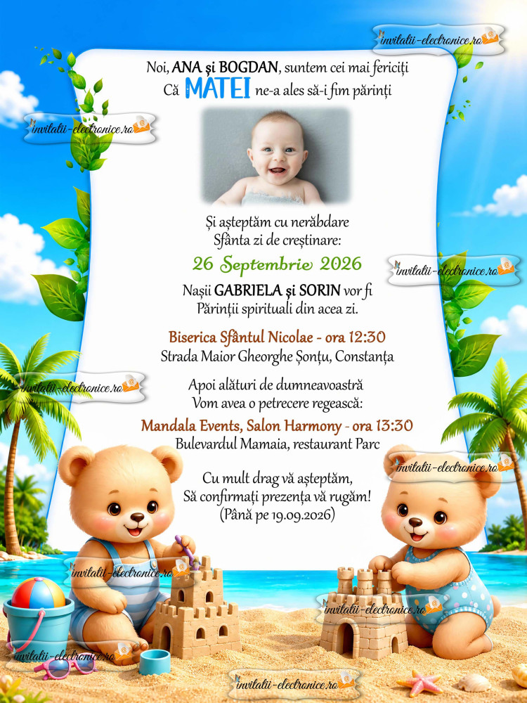 Invitatie de botez cu ursuleti