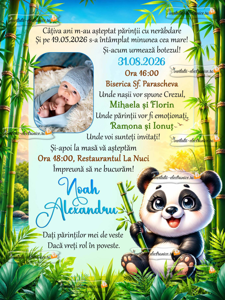 Invitatie de botez cu urs panda