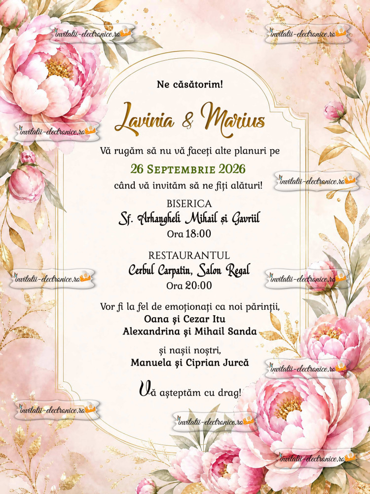 Invitatie la nunta cu bujori