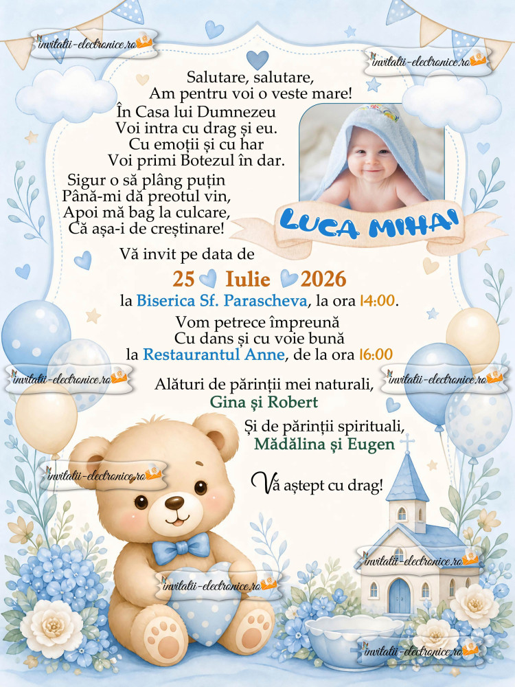 Invitatie la botez cu ursulet