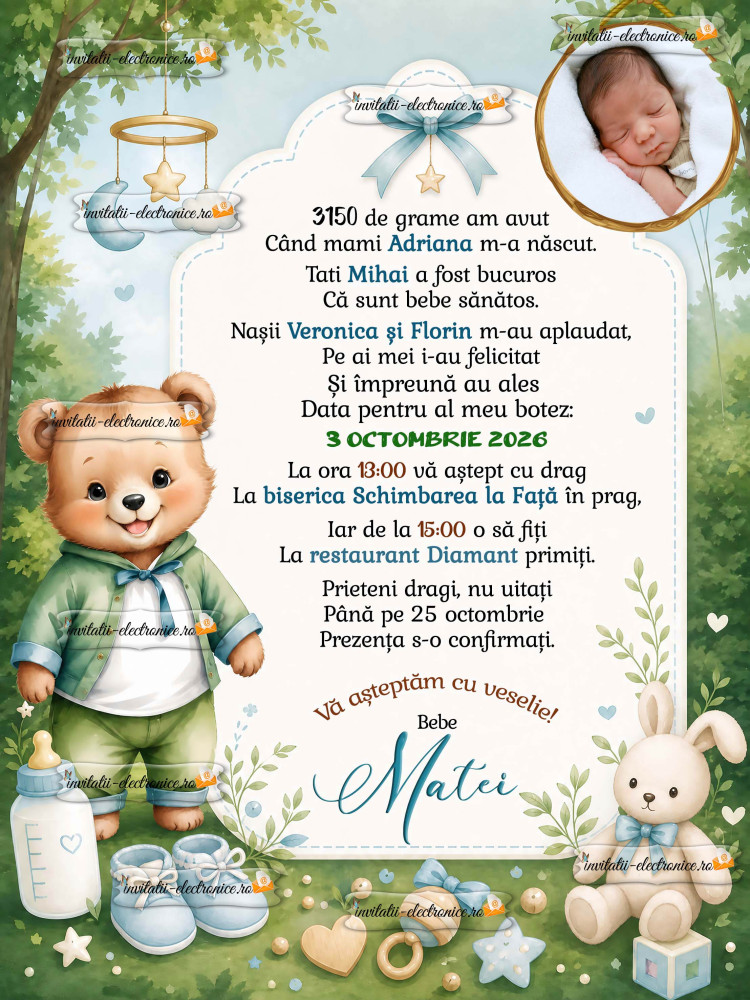 Invitatie digitala cu ursulet vesel