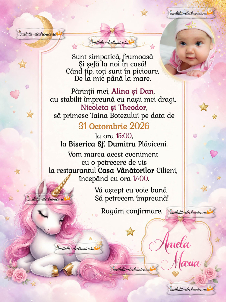Invitatie de botez cu unicorn