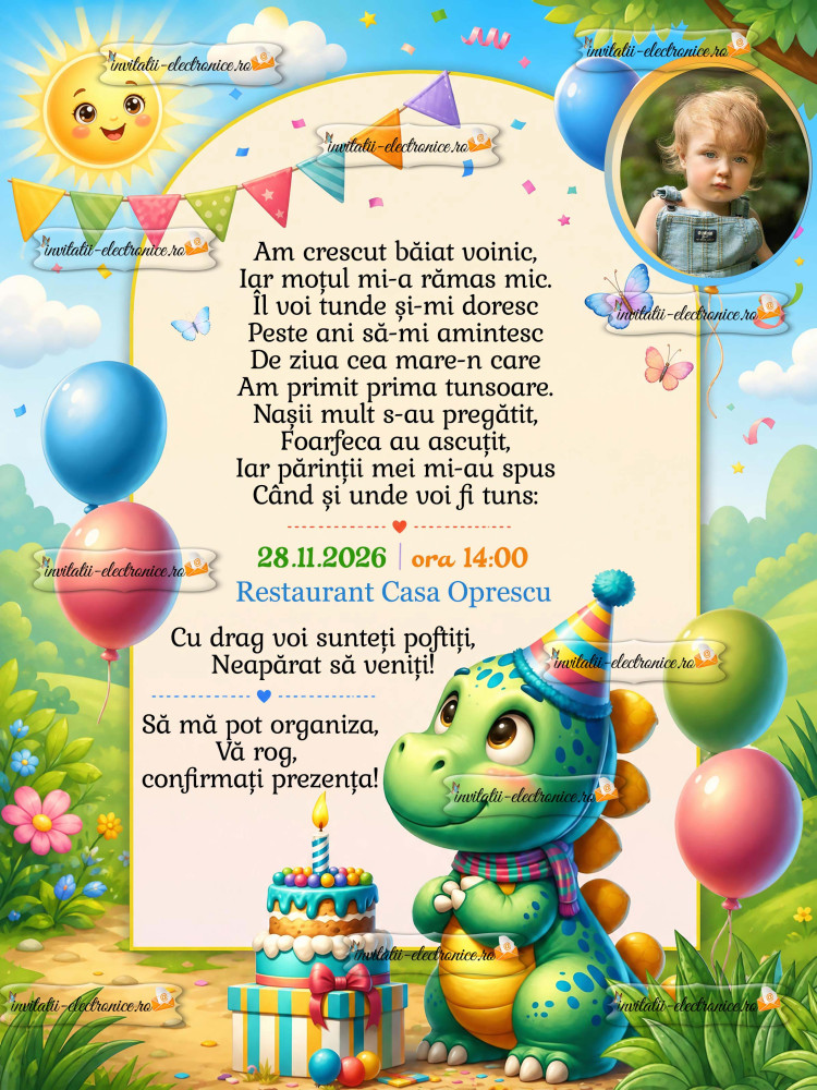 Invitatie digitală cu dinozaur si baloane