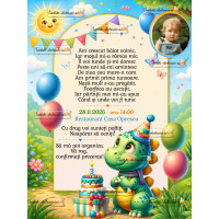 Invitatie digitală cu dinozaur si baloane