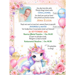 Invitatie cu unicorn si baloane