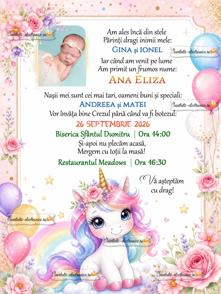 Invitatie cu unicorn si baloane