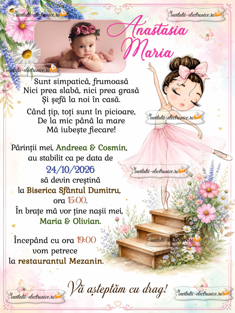 Invitatie de botez cu balerina