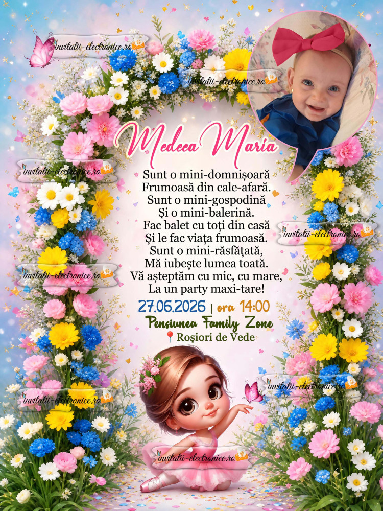 Invitatie cu balerina si flori