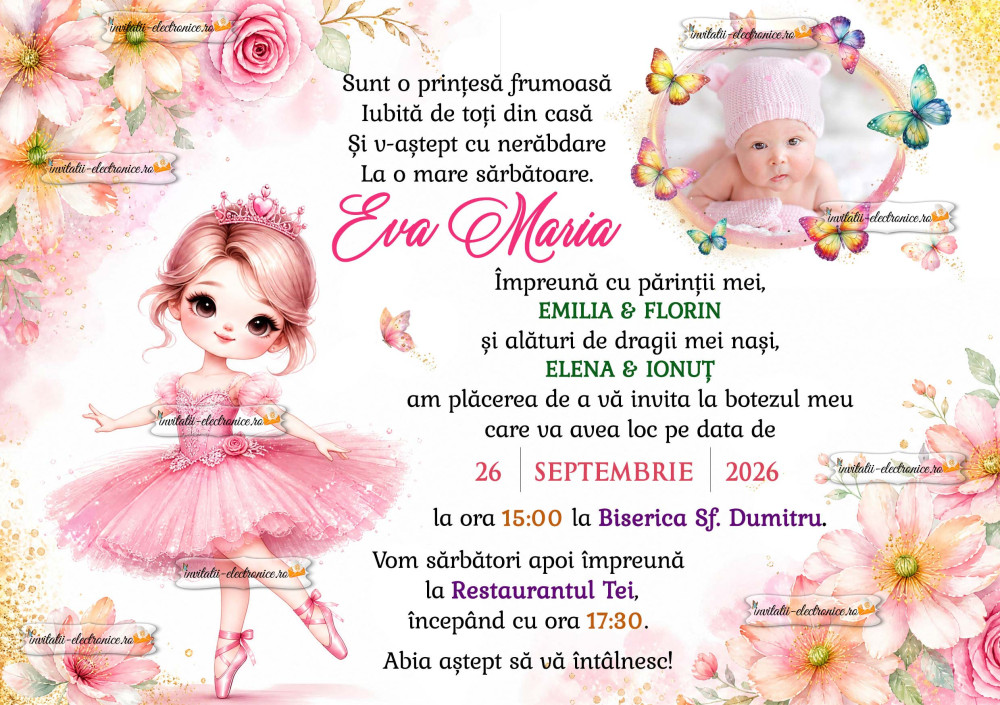 Invitatie de botez cu balerina si fluturi