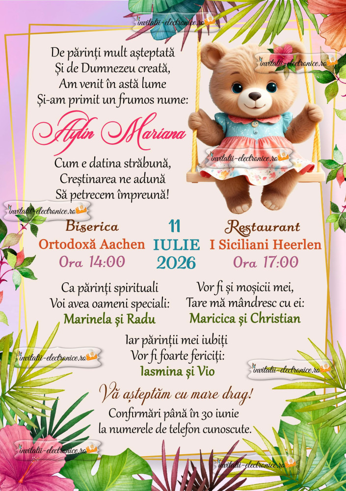 Invitatie la botez fetita cu ursulet si frunze