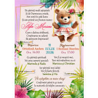 Invitatie la botez fetita cu ursulet si frunze