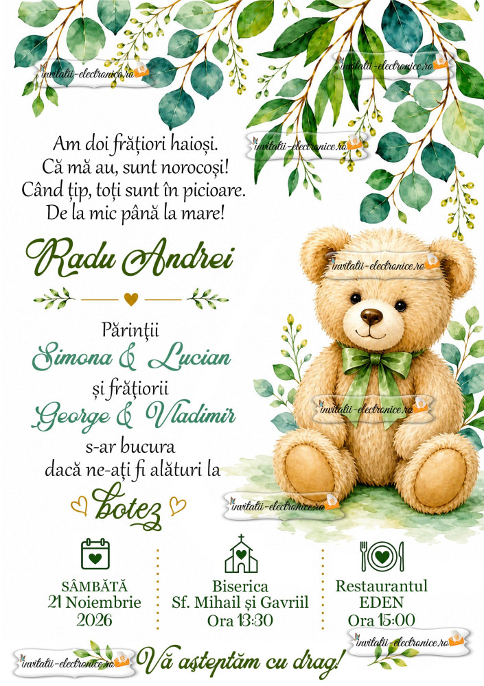 Invitatie de botez cu ursulet 