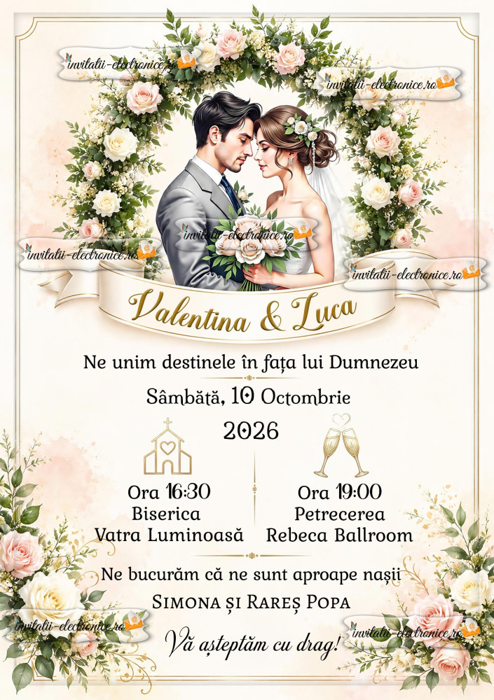Invitație digitală la nuntă cu trandafiri
