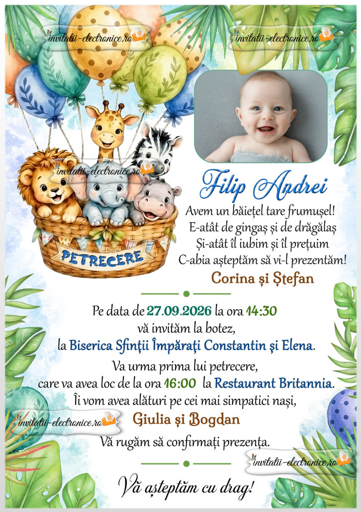 Invitatie digitala animale si baloane