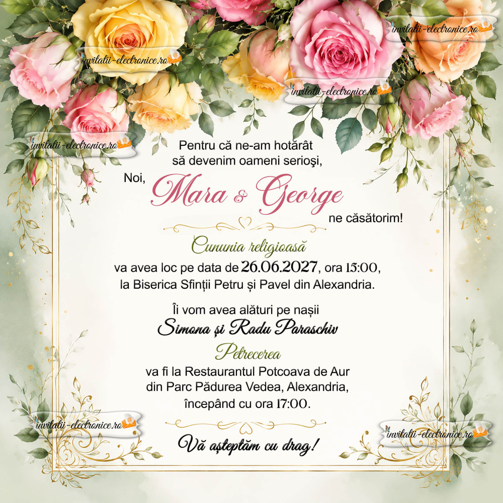 Invitatie la nunta cu trandafiri