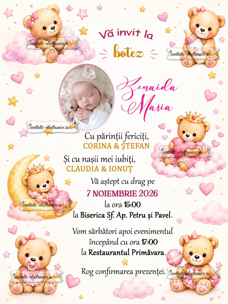 Invitatii de botez fetita cu ursuleti