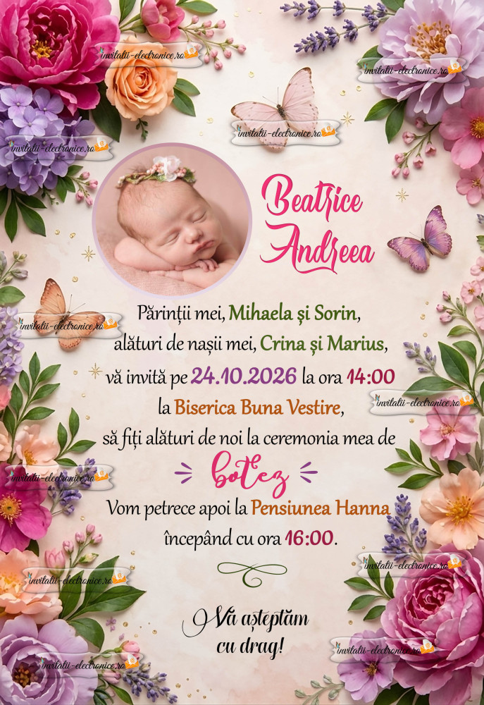 Invitatie de botez cu flori