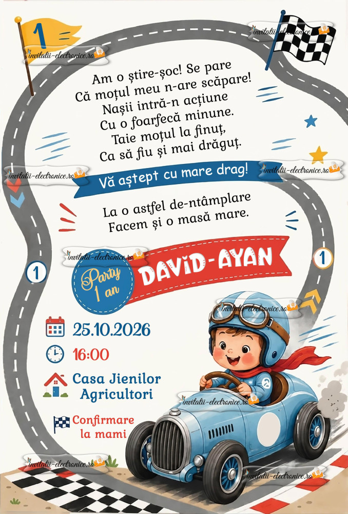 Invitatie la aniversare - baietel in masina