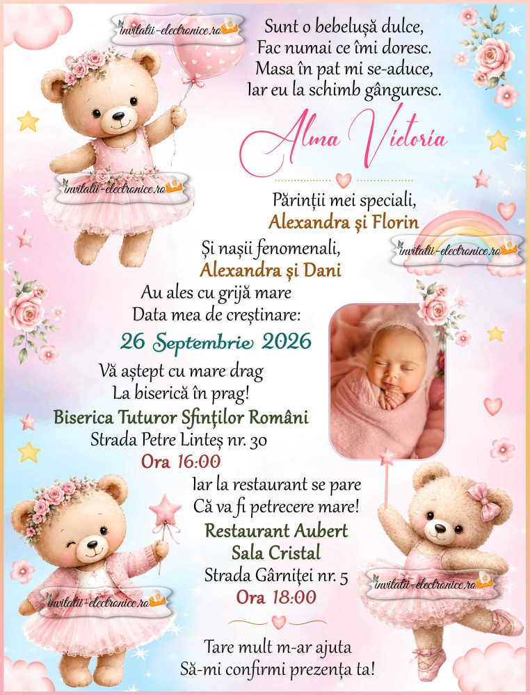 Invitatie la botez fetita cu ursuleti