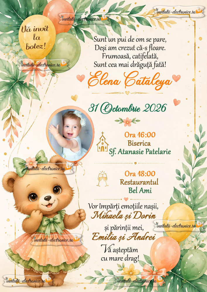 Invitatie electronica de botez cu ursulet si baloane