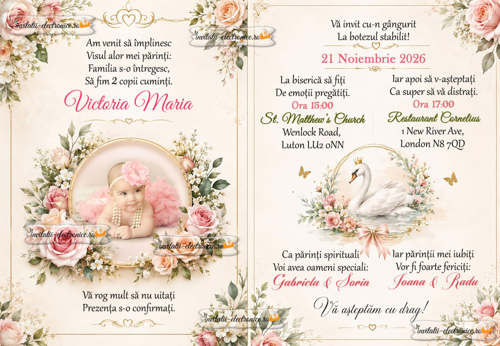 Invitatie de botez cu lebada, flori si fluturi 