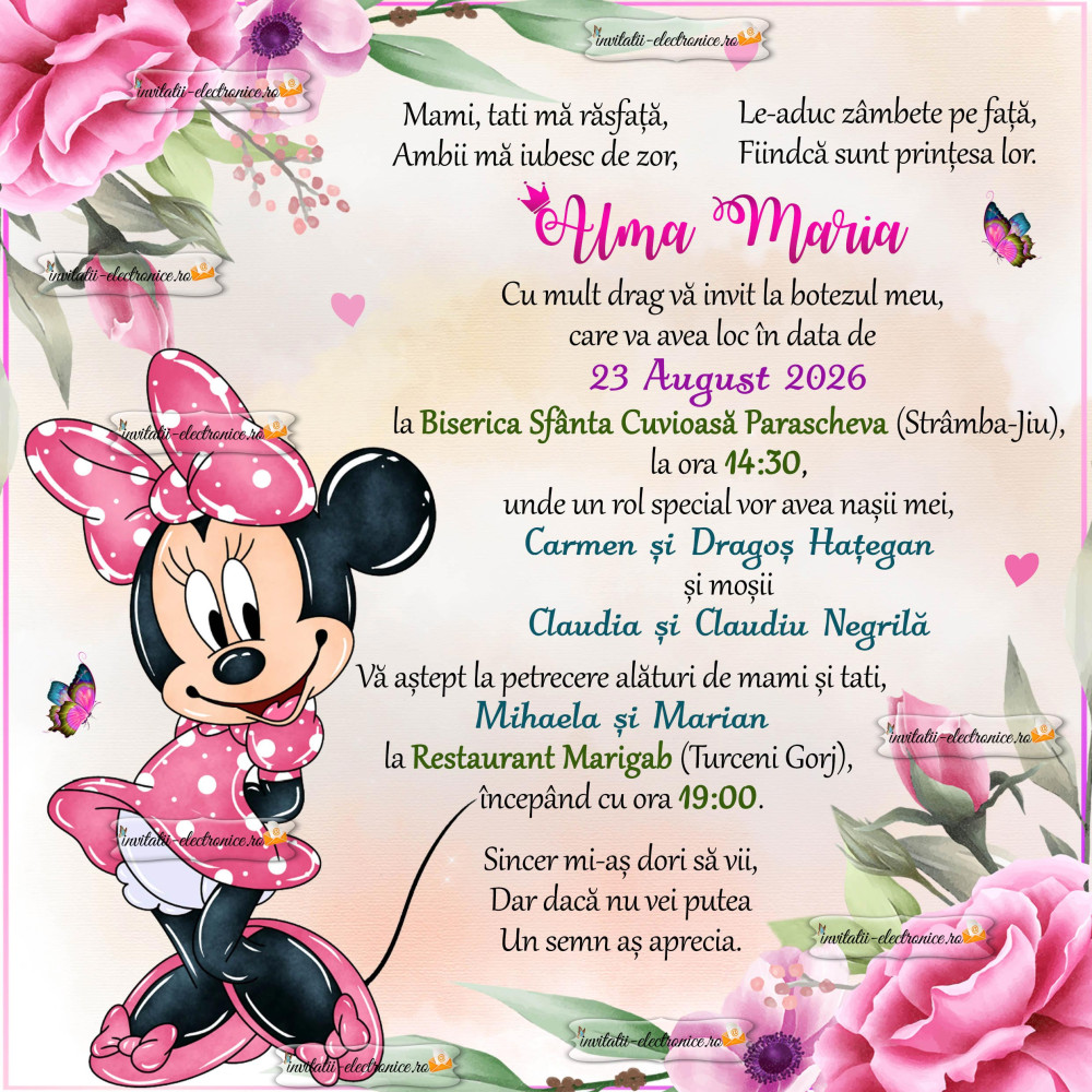 Invitatie de botez digitala cu Minnie Mouse