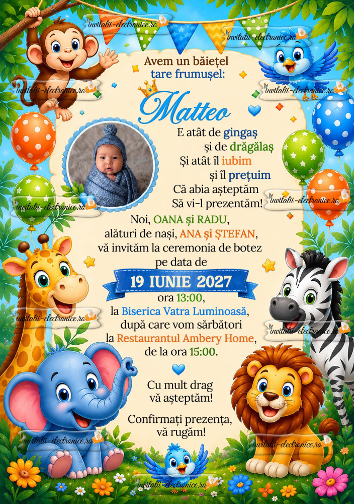 Invitatie de botez cu animale din jungla