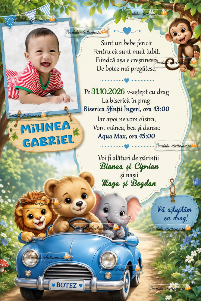 Invitatie digitala cu animale in masina